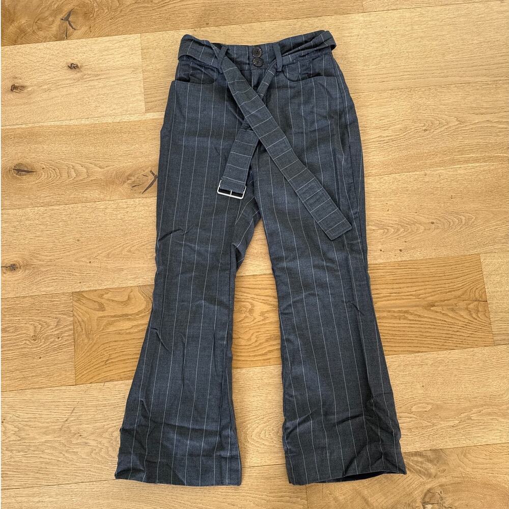 Orseund Iris - Wool Blend Pin Stripe Crop Flare Belted Pants in Gray & White